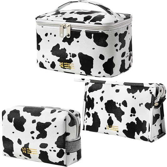 MIRASON Makeup Bag Travel Toiletry Bag for Women, Cute Make Up Bag Set of 3 for Purse Pouch Zipper Makeup Organizer Bag PU Leather Washable Waterproof Cosmetic Bag (Cow Print)