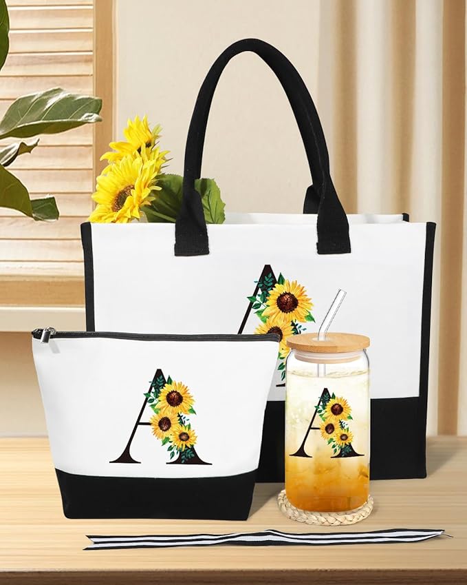 Personalized Canvas Tote Bag & Makeup Bag & Glass Cup - Monogrammed Sunflower Birthday Gifts for Mom, Sister, Best Friends - Initial Monogram Options