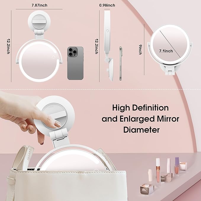 10X/1X Makeup Mirror with Lights and Magnification, 7.1” Wall Mounted Desktop Double-sided Magnifying Mirror with Suction Cup, 360°Swivel Rechargeable Travel Vanity Mirror with 3 Colors & Dimmable