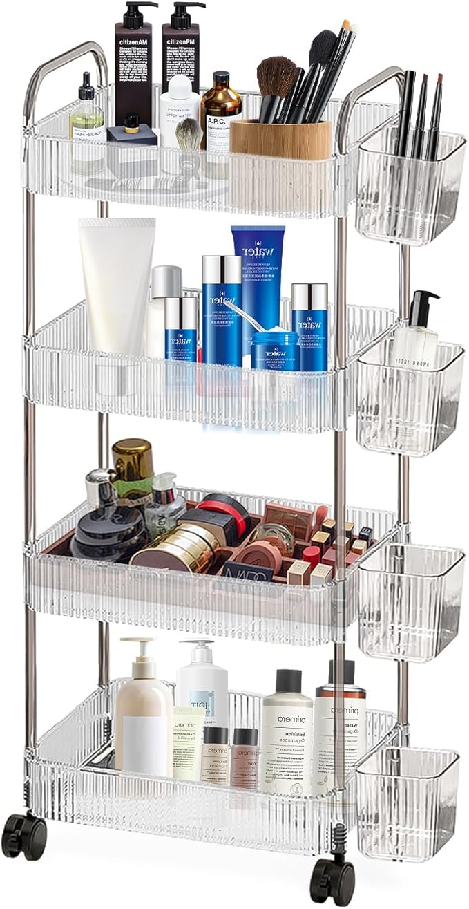 4 Tier Rolling Cart with Hanging Basket, Acrylic Storage Carts with Lockable Wheels, Utility Carts Storage Organizer Serving Cart for Office, Living Room, Kitchen, Bathroom