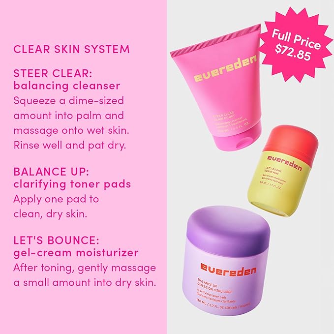 Evereden Preppy Skincare Collection with Triple Green Tea: Teen Skincare Steer Clear Balancing Jelly Cleanser Teen Face Wash, Let's Bounce Gel-Cream Moisturizer, & Balance Up Toner Pads for Face