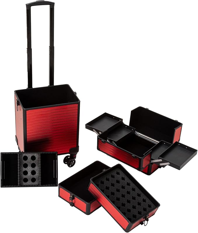 4 in 1 Portable Traveling Aluminum Professional Makeup Trolley Cart with Multiple-Sized Compartments and Wheels (Black with red)
