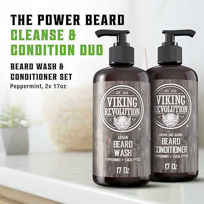 Viking Revolution Beard Wash & Conditioner Set w/Argan & Jojoba Oils – Softens, Smooths & Strengthens Beard Growth - Natural Peppermint and Eucalyptus Scent - Shampoo (17 oz)