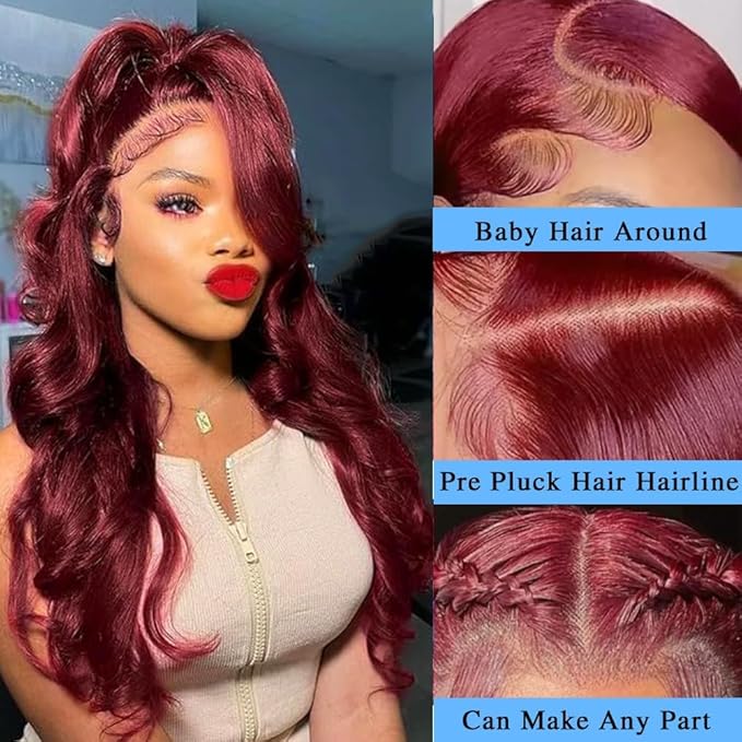99J Burgundy Lace Front Wigs Human Hair Red Wig 22 Inch Burgundy Wig Human Hair 13x4 HD Body Wave Lace Front Wigs Human Hair 180 Density Pre Plucked Glueless Frontal Wigs Human Hair for Women