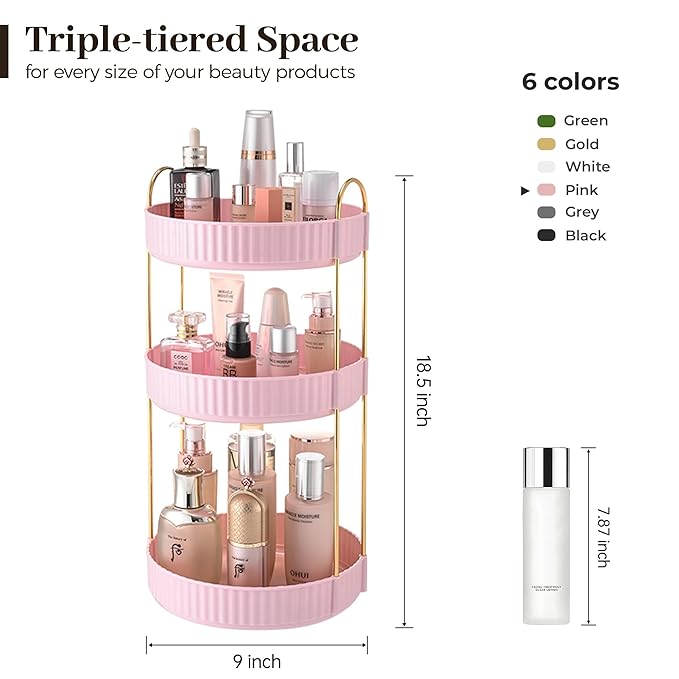 Aveniee 360 Rotating Makeup Organizer for Vanity, Skincare Make Up Organizers Large, Spinning Bathroom Counter Organizer Shelf Holder for Cosmetics, Skin Care, Lipsticks(3 Tiers, Pink)
