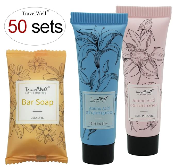 Travel Well Mini Shampoo and Conditioner Sets with Hotel Soap Bars for Guests - Travel Size Toiletries Bulk - 150 Pieces (50 Each of Shampoo, Conditioner, Soap)