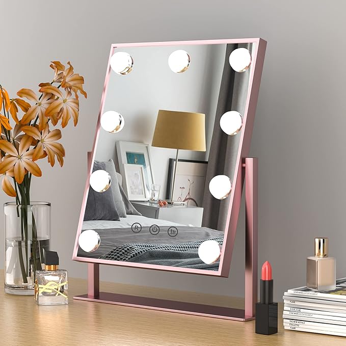 COSMIRROR Vanity Makeup Mirror with Lights, Hollywood Large Mirror with Lights, Lighted Vanity Mirror with 9 Dimmable Bulbs & 3 Color Modes,Touch Control Tabletop Makeup Mirror 360°Rotation