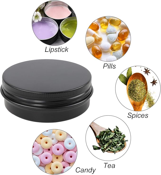 Moretoes 36 Pack Tins, 2 Oz Lip Balm Containers, Black Metal Round Tins Aluminum Cans, Empty Tin with Screw Lids for Salve, Spices or Candies