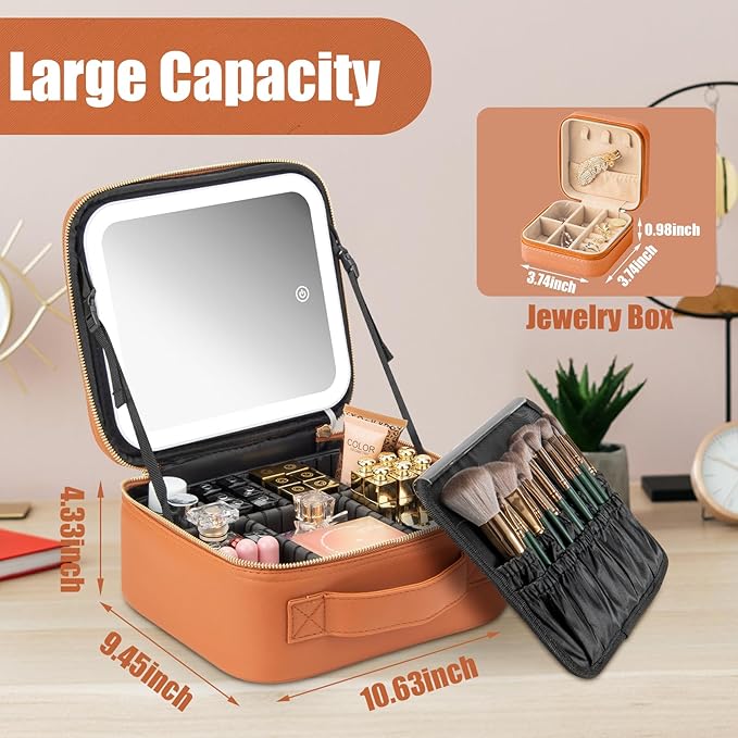 Makeup Travel Train Case with Mirror LED Light 3 Adjustable Brightness Cosmetic Bag Portable Storage Adjustable Partition Waterproof Makeup Brushes Makeup Jewelry Gift for Women (Brown)