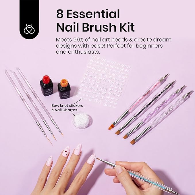 Beetles Nail Art Brushes, 8pcs Double-headed Nail Art Tool Set, Nail Dotting Tools, Striping Nail Art Brushes for Lines, Nail Drawing Pen with Bow knot Stickers Gift for Women