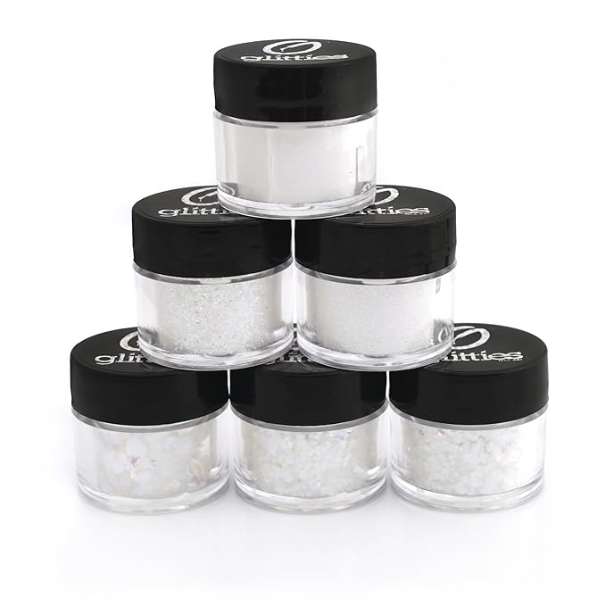(6PK) - Iridescent White Glitter Kit -6 Different Holographic Loose Glitter Sizes, Fine Powder, Hexagons & Square Glitter - Solvent Resistant & Cosmetic Grade for Nails & Skin - (60 Grams)