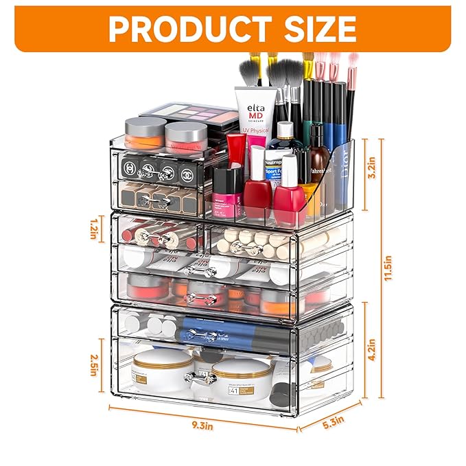Cq acrylic 3 Pack Clear Make Up Organizers for Vanity With 8 Drawers,Stackable Skincare Organizer and Cosmetic Storage Organizer for Jewelry,Lipstick,Beauty,Skin Care,Vanity Organizers and Storage