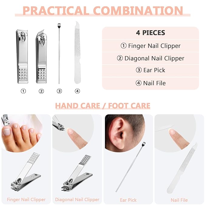Lasnten 24 Set Manicure Set Bulk Nail Clippers Grooming Nail Kit Stainless Steel Professional Pedicure Kit Pedicure Tools with Travel Case Gifts for Men Women Personal(4 in 1,Pink)