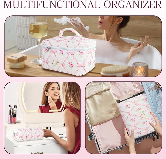 Makeup Bag, 3 PCS Quilted Makeup Bag, Cute Floral Cotton Cosmetic Bag set, Coquette Makeup Pouch Large Travel Toiletry Bag