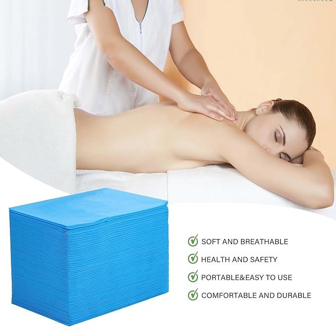 Disposable Bed Sheets, 100Pcs Massage Table Sheets, Non Woven Fabric SPA Bed Cover for Massage Beauty Tattoos, 31.5" x 71" (Blue)