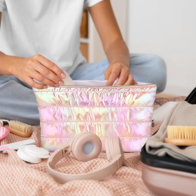 Hiroyuki 3pcs Iridescent Quilted Makeup Bag (plain, pink)