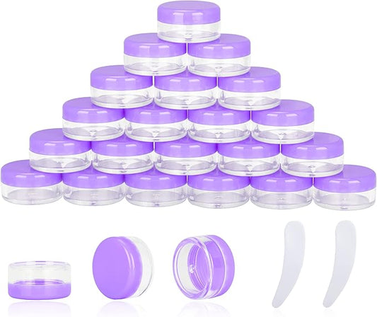 25PCS 3 Gram Sample Containers, 3ml Empty Jars with Lids, Small Cosmetic Containers, Mini Sample Jars with 2PCS Mini Spatulas for Make Up, Oils, Lotion, Powder, Paint, Jewelry, Lip Balms(Purple Lid)