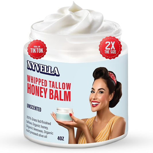 Beef Tallow for Skin – Grass-Fed Whipped Tallow Honey Balm with Beeswax & Olive Oil | 4oz Unscented Moisturizer for Face & Body | Deep Hydration for Dry, Sensitive Skin