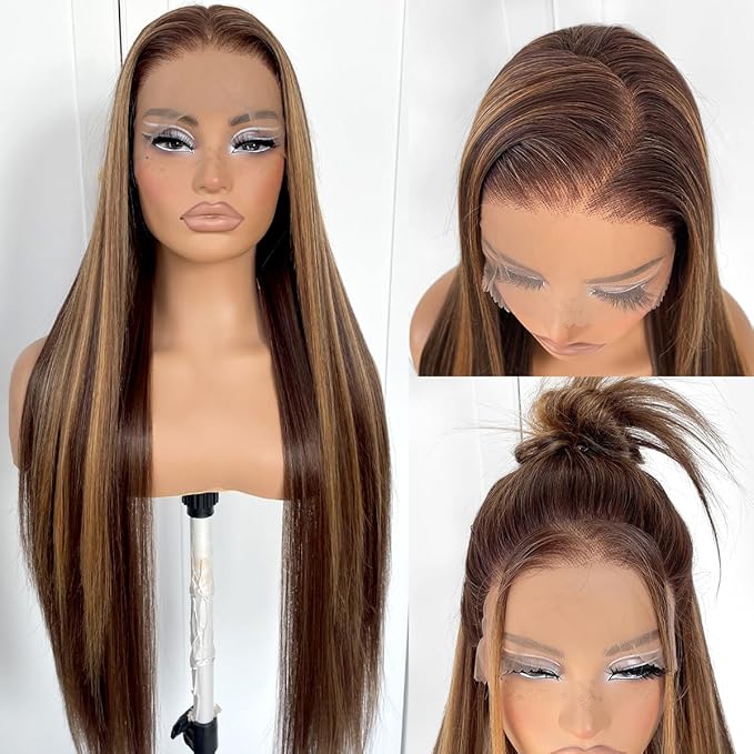13x6 Honey Blonde Lace Front Wig Pre Plucked Glueless Highlight Straight Lace Front Wig 180 Density Color Long Straight Yaki Synthetic HD Lace Front Wig 32inch