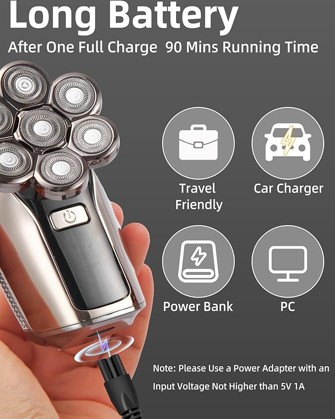 Head Shavers for Bald Men,7D Detachable Electric Bald Head Shaver,5-in-1 Dry Wet Bald Head Shavers for Men,IPX7 Waterproof Electric Razor for Men with Led Display, Argent