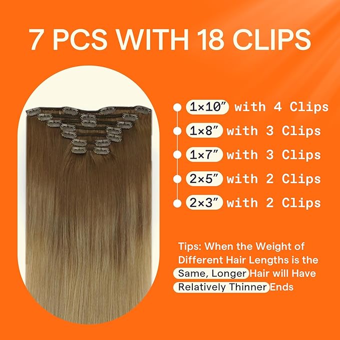 Full Shine Golden Brown Ombre Clip in Hair Extensions Brown to Dirty Blonde Real Human Hair Extensions Clip ins for Long Hair Natural Hair Extensions Clip ins 7 Pcs 20 Inch