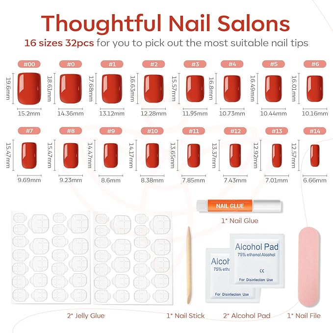 Modelones Red Press on Nails for Women, Spring Easter Short Square Fake Nails, Reusable Nail Kit with Nail Glue Adhesive Tabs Mini Nail File, Nails Press Ons 32Pcs16 Sizes, Women Girl Gift