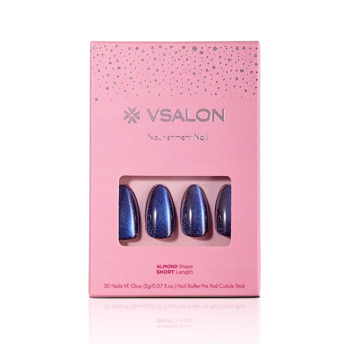 Press on Nails Short Almond - Blue Cat Eye Chrome Nails Kit, Reusable Gel Fake Nails with Nail Glue & Nail File - 32 PCS in 16 Sizes (Limited Edition Mini Pack)