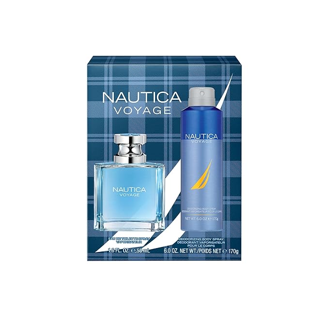 Nautica Voyage Eau de Toilette + Deo Body Spray Gift Set, Notes of Apple, Cedarwood, Mimosa, Men's Fragrance, Long Lasting, Everyday Fragrance