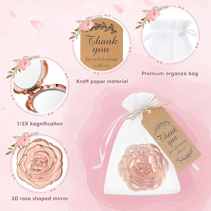 30 Set Rose Compact Mirror Bulk Wedding Favors for Guests Rose Shape Portable Folding Mirrors with Thank You Tag Jute Twine and Organza Bag for Quinceanera Bridal Shower Party Souvenir Gifts,Rose Gold