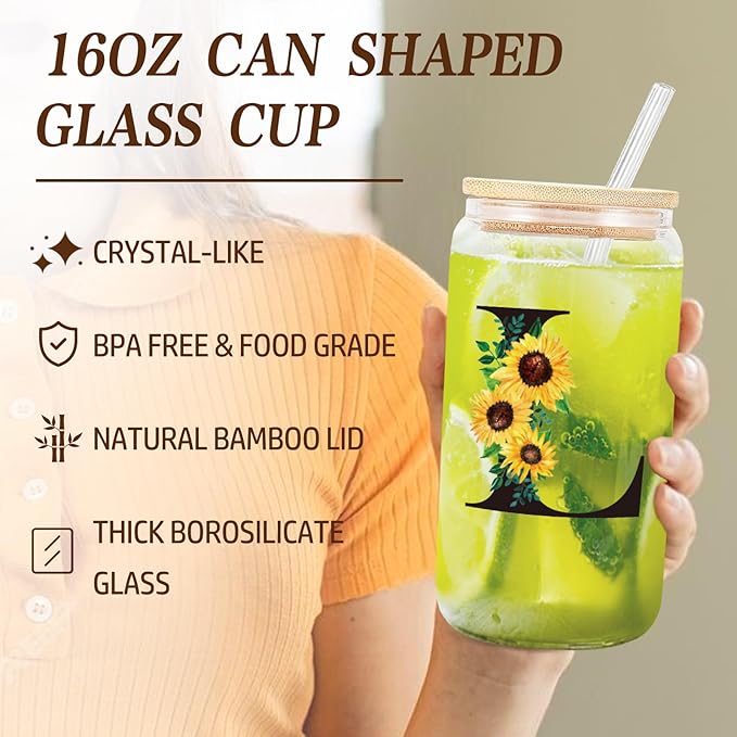 Monogrammed Sunflower Birthday Gifts - Personalized Canvas Tote & Makeup Bag & Glass Cup (Mom, Sister, Best Friends) L