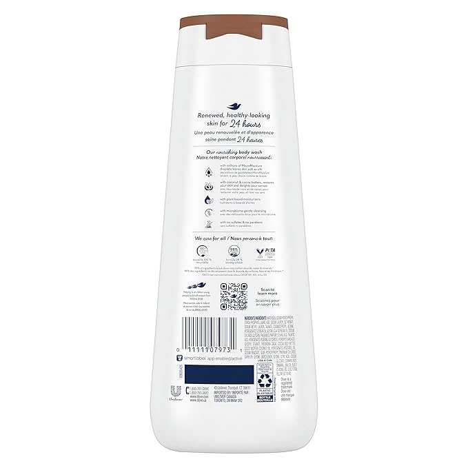 Dove Body Wash Restoring Coconut & Cocoa Butter 4 Count for Renewed, Healthy-Looking Skin Gentle Skin Cleanser That Effectively Washes Away Bacteria While Nourishing Your Skin 20 oz