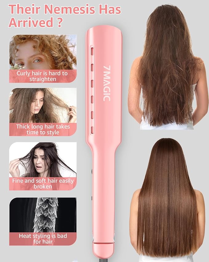 7MAGIC 1.7" Wide Hair Straightener, Nano Titanium Flat Iron for Wet & Dry Hair, Flat Iron Hair Straightener with 5 Temp, MCH Fast Straightening Iron, Hair Iron with Dual Voltage, Pink