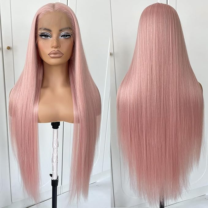 32inch Pink Wig - Straight Light Pink Lace Front Wig Pre Plucked Glueless Synthetic Long Straight Wear And Go Lace Front Wig For Women Daily Party Cosplay Wear