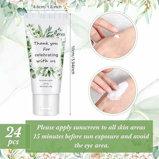 24 Pcs Mini Sunscreen Bulk for Summer Wedding Party Spf 30 Water Resistant Sunscreen Lotion Bulk 1oz Travel Size for Thank You Gifts Wedding Party Supplies(White Cream,Eucalyptus)