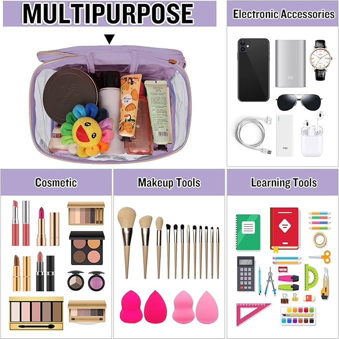 Chenille Letter Clear Makeup Bags Mama Pouch, Preppy Patch Makeup Bag Zipper with Handle, Transparent PVC & Nylon Waterproof Glitter Cosmetic Handbag Travel Toiletry Storage for Women(MAMA-Purple)