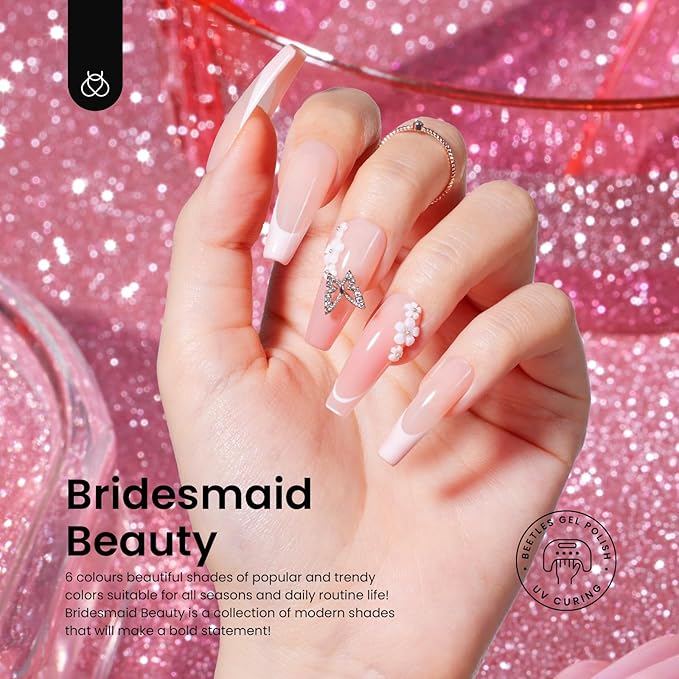 beetles Gel Nail Polish Set 6 Colors, pink nude gray glitter Gel Nail Polish Set Wedding Gel Polish Bridesmaid Nail Art Design Soak Off Uv LED Lamp Needed Manicure Set Valentines Day Gifts for Women