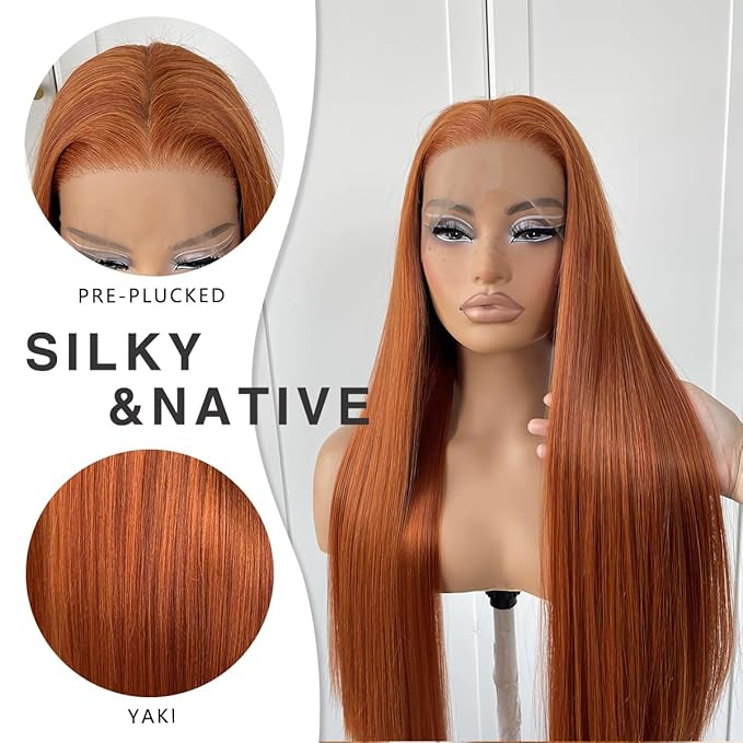13x6 Ginger Orange Lace Front Wig Pre Plucked HD Synthetic Long Straight Lace Front Wigs 180 Density Yaki Glueless Ginger Lace Front Wig 32inch