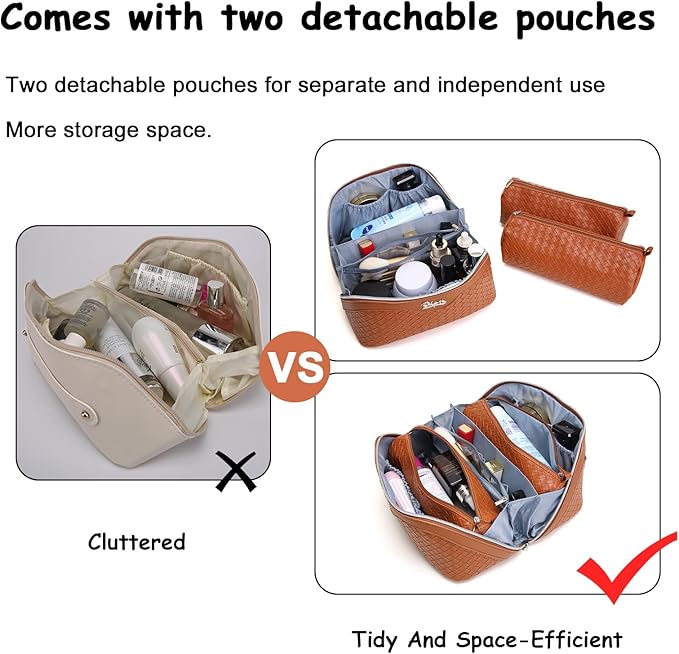 BOYATU Travel Makeup Bags for Women: 3 Pcs Large Make up Bags Set - Vegan Leather Cosmetic Bag for Traveling - Waterproof Toiletry Organizer Wide Open Portable Pouch (L07 Brown)