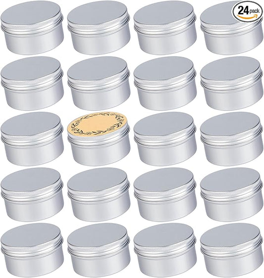 24 Pack 4oz Screw Top Aluminum Tin Jars with Screw Lids and Blank Labels - Refillable 120ml Metal Containers for Lip Balms, Candles, Salves, Spices, Crafts (Silver)