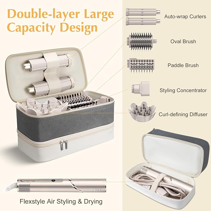 Travel Carrying Case for Shark Flex Style, Double Layer Hair Dryer Accessories Tools Storage Case, Waterproof PU Leather Organizer Bag for Shark Flexstyle/Dyson Airwrap Styler and Attachments (White)