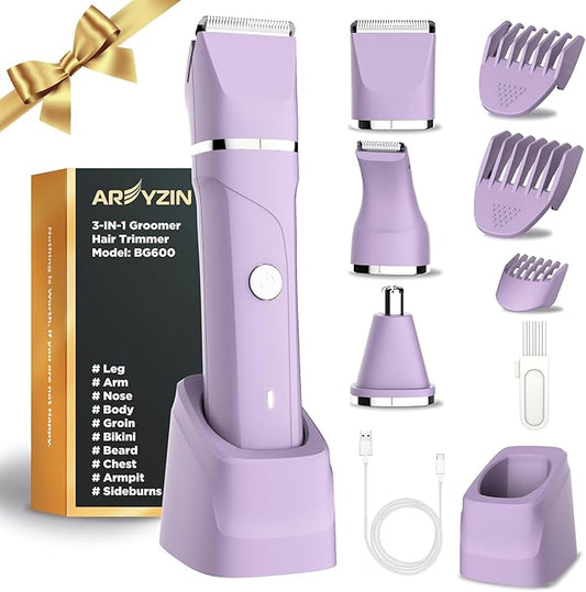Bikini Trimmer for Women Painless Electric Razor for Women,3 in 1 Pubic Hair Trimmer for Women,USB Recharge Dock,Replaceable Ceramic Blade Heads,IPX7,Personal Shaver Kits,Purple
