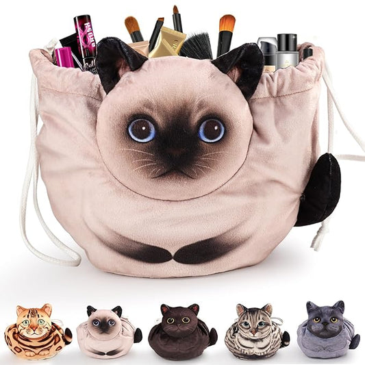 Drawstring Makeup Bag, Cat Makeup Bag, Travel Makeup Organizer, Cosmetic Pouch Bag, Cat Gift for Women, Lay Flat Makeup Bag Gifts for Cat Lovers