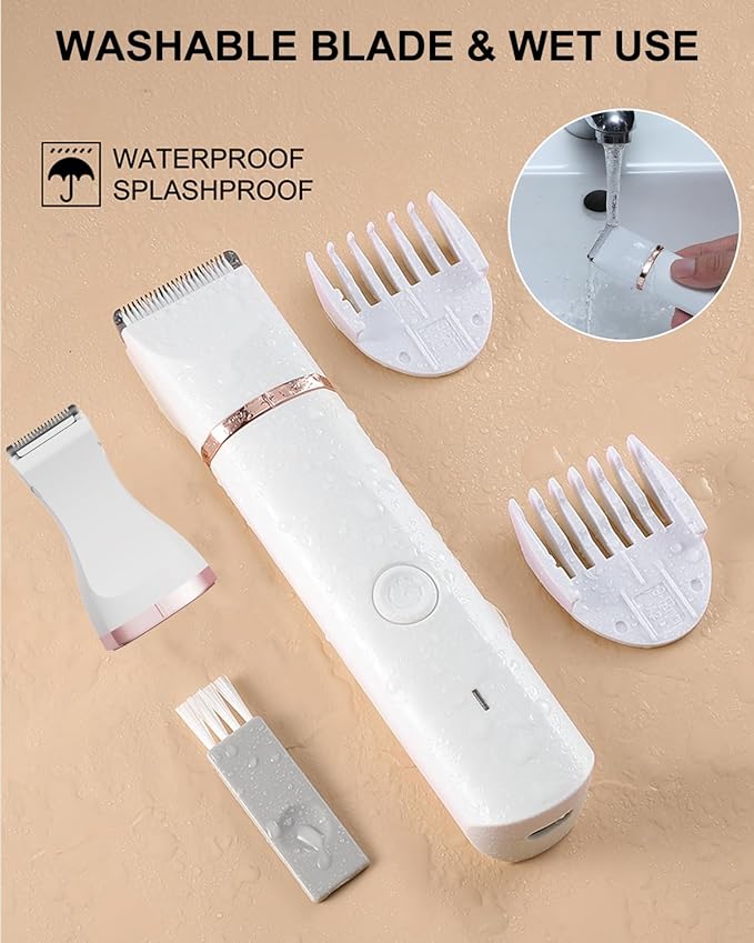 Bikini Trimmer for Women - 2 in 1 Electric Ceramic Blades Pubic Hair Trimmer,for Underarm Leg Arm Body face,USB IPX7 Waterproof Wet/Dry Shaver Groomer with 2 Trimmer Heads,White