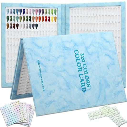 320 Nail Color Chart Book,Leather Nail Color Display Book with 480 Nail Tips & 1-400 Number Labels,Professional Nail Color Chart Display Book for Nail Polish Nails Art Design(Blue)