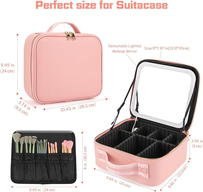 Makeup Bag With Mirror is with Waterproof Design, Best Gift is Makeup Case With Lighted Mirror.Make Up Bag With Mirror And Light 3 Color Scene (pink)