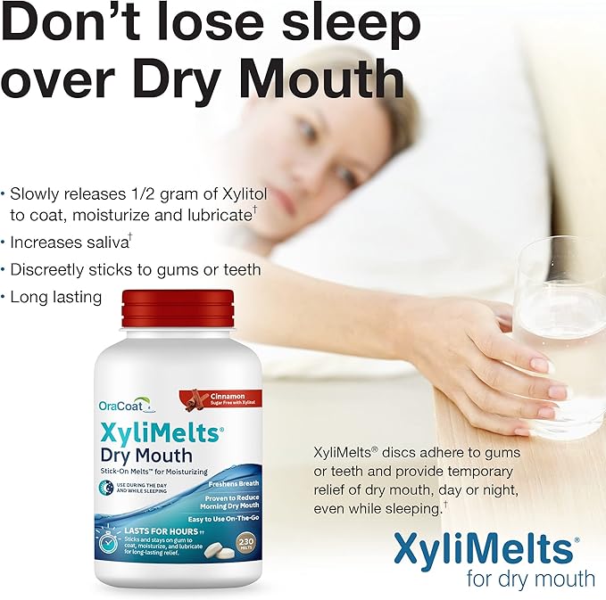 Oracoat XyliMelts for Dry Mouth Night Time or Day - Moisturizing Dry Mouth Adhering Discs, Sugar Free with Xylitol, 230 Count, Cinnamon, 8-Hour Relief