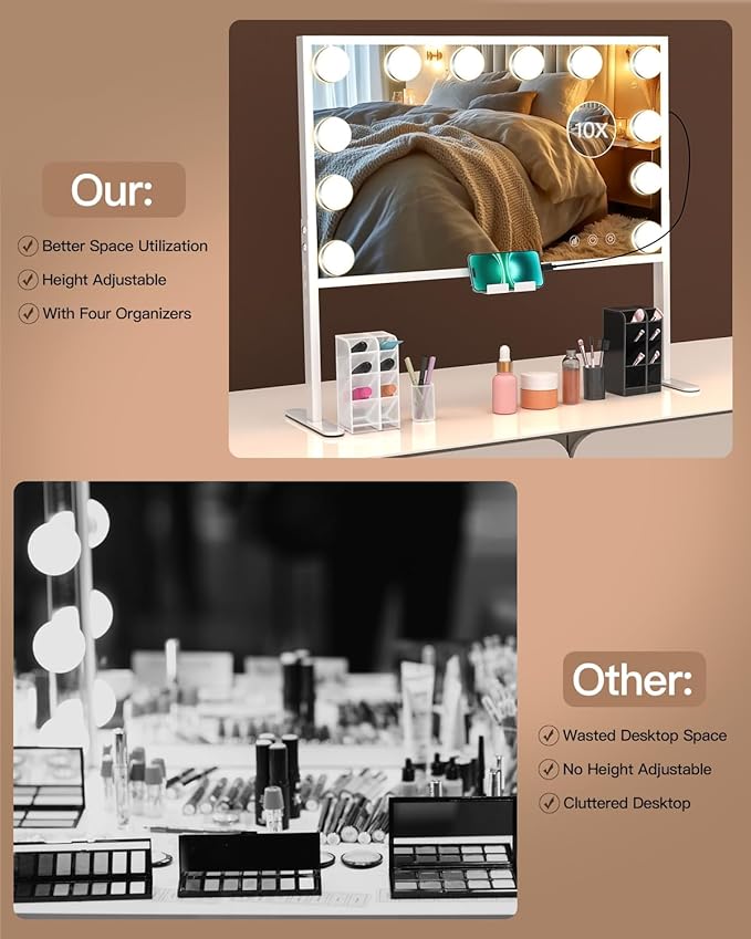 BESTOPE PRO Vanity Mirror with Lights, 23.6'' x 22.4'' Height Adjustable Makeup Hollywood Mirror with 3 Color Modes, 10X Magnification and 2 Storage Boxes, USB Charging Port, Phone Holder, Women Gifts