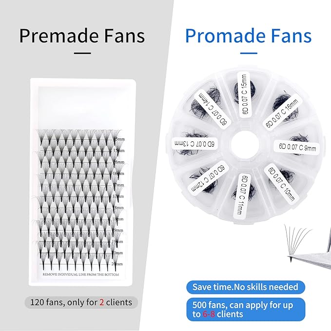 Premade Fans Short Stem 500 PCS 6D Eyelash Extensions 0.07mm C/D Curl 9-16mm Mixed Length WENDY LASHES Russian Volume Pre-made Lash Extension (500PCS-6D-0.07-D, 9-16mm mixed tray)