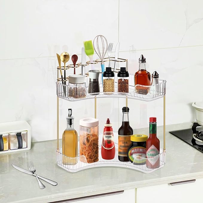 Corner Bathroom Counter Organizer – Classic Storage Shelf for Makeup, Perfume & Toiletries, Space-Saving Countertop Tray Fits Bathroom, Dresser, Kitchen (Clear, 2-Tier)