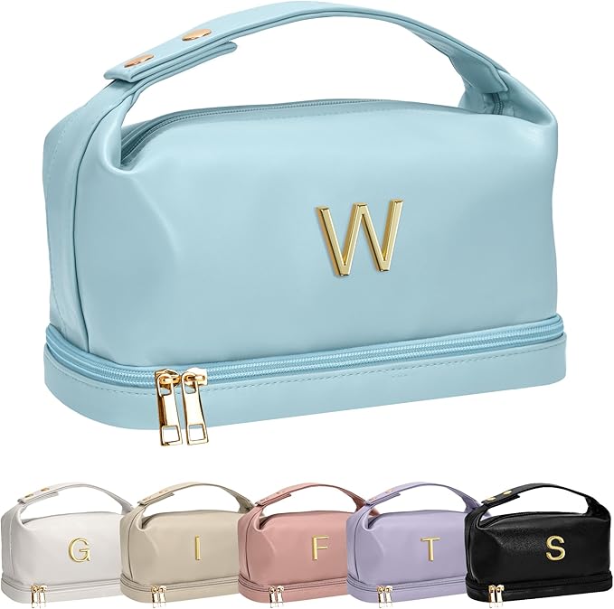 Personalized Makeup Bag with Handle, Initial Double Layer Cosmetic Bag with Makeup Brush Organizer, Gifts for Friends Mom, Gifts for Women - 30th 40th 50th 60th 70th Birthday Gifts